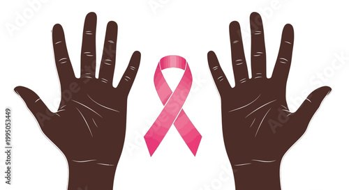 Hands held open next to a pink ribbon symbolize support and awareness for breast cancer patients in a simple and clean graphic.