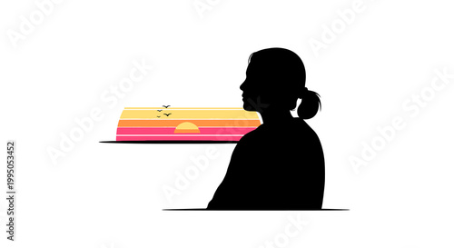 Silhouette of a woman contemplating a vibrant sunset landscape