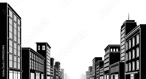 A stark black and white illustration of a city street receding into the distance