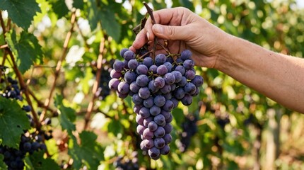 Hand holding a cluster of fresh purple grapes, ripe fruit close up with blurred natural background, harvest and healthy food concept, juicy realistic detail, no logos
