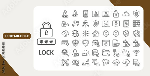 Lock web icons in line style. Security, safe, document, unlock, protection, issue, collection. Vector illustration.
