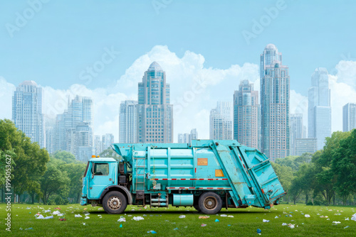 Garbage truck parked on green grass with scattered litter and tall skyscrapers in the background under a clear blue sky