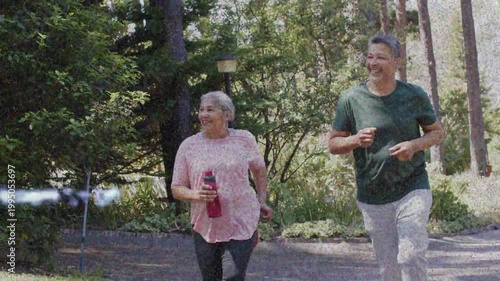 Man and woman walking park path, man pointing, woman turning, holding red water bottle for fitness