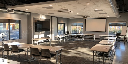 Classroom interior - empty classroom filled with desks ready for school learning and education