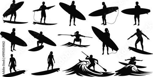 Surfing and Paddleboarding Silhouette Collection Featuring Surfers and SUP Riders on Waves for Extreme Water Sports Travel and Summer Beach Leisure Graphic Design