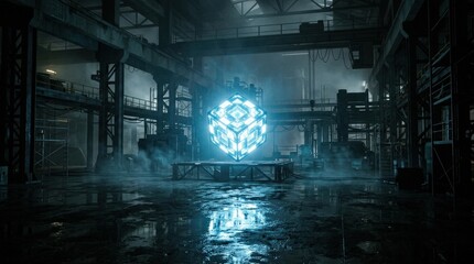 Luminous cube casting reflections in dim misty warehouse, futuristic industrial scene, glowing geometric centerpiece, moody atmospheric lighting, no logos