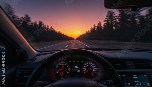 Foto View from the driver's seat of a car traveling down a highway toward a beautiful, warm sunset over a treeline