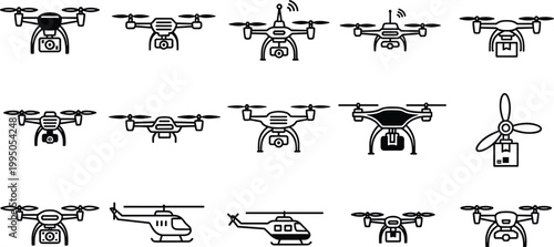 Drone and Helicopter Silhouette Icon Set Featuring Aerial Surveillance Quadcopters and Rescue Helicopters for Aviation Technology Monitoring Vector Illustration Collection