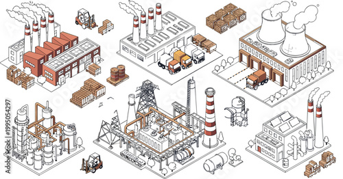 Industrial Factory Isometric Icon Set Featuring Power Plant Manufacturing Facilities Chimneys Warehouses Pipelines and Production Equipment for Energy Infrastructure Vector Illustration Collection