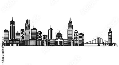 A striking black and white silhouette of a modern city skyline