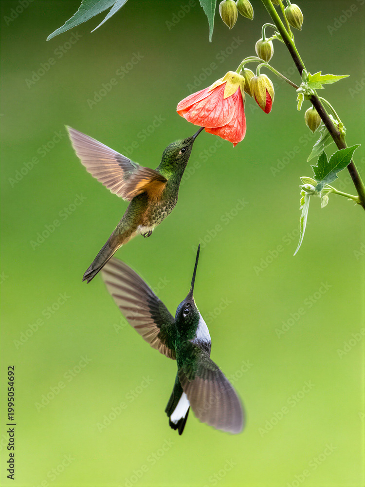 Fototapeta premium Two Hummingbirds Feeding on Flower in Lush Colombian Habitat