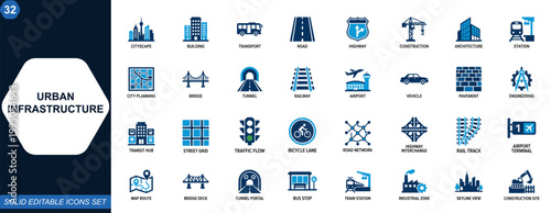 Urban infrastructure icons. Buildings, transport, roads, highways, construction, city planning, industry, stations. Icons collection. Vector.