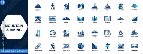 Mountain and hiking icons set. Climbing, summit, trail, camping, wilderness, landscape. Editable icons collection. Vector.