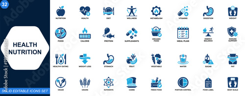 Health nutrition icons set. Diet, metabolism, vitamins, digestion, weight management, organic food, wellness. Icons collection. Vector.