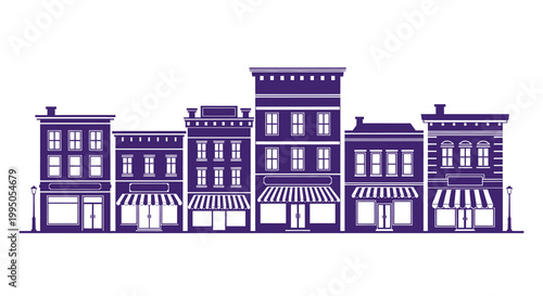 A row of vintage storefronts in a simple monochromatic style