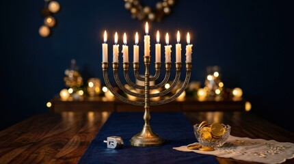 Illuminated menorah with burning candles on dark blue background, Hanukkah celebration concept with warm glow and elegant holiday atmosphere, realistic detail, no logos