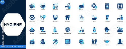 Hygiene icon set. Handwashing, disinfection, sanitation, infection control, soap, sanitizer, antiseptic, dental care, bathroom, personal hygiene. Editable icons collection. Vector.