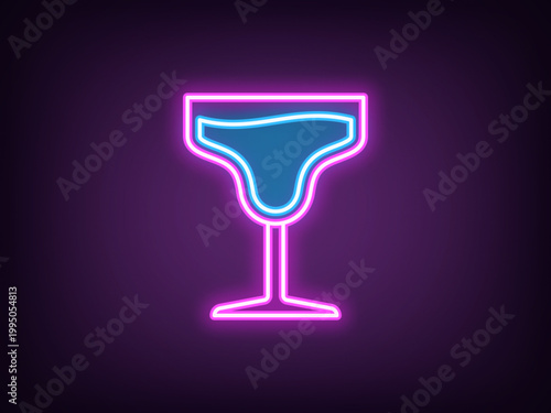 Outline neon cocktail, magenta blue. Neon cocktail glass with beverage, alcohol drinks menu. Margarita cocktail, drinks bar, relax party, alcohol beverage, cheer and vacation. Vector