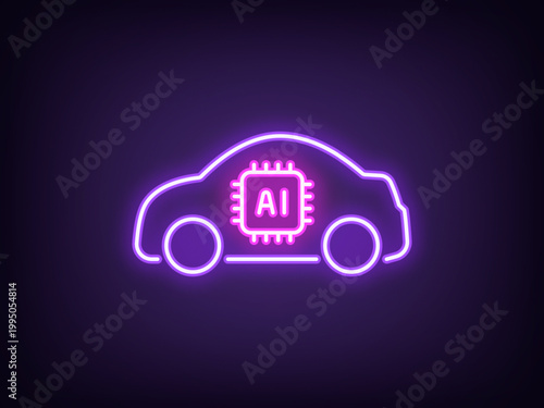 Outline neon AI car, violet magenta. Neon electric car with AI algorithms, artificial intelligence driving control system. Smart auto with autopilot system, automatic vehicle, robotaxi. Vector