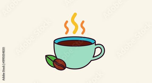 A teal cup of hot coffee with steam and coffee beans nearby