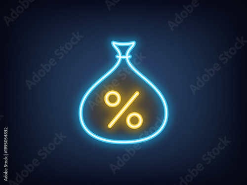 Outline neon percent pouch, blue yellow. Neon money bag with percentage icon, benefit investments. Percentage rate, finance profit, dividend and coupon income, interest earning. Vector