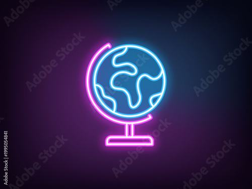 Outline neon globe, magenta blue. Neon earth globe icon, international world map. Abstract planet on stand, school globus, geographical expedition, worldwide travel, global geography. Vector