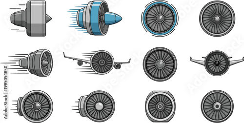 Jet Engine Turbine Front View Icon Set Featuring Aircraft Propulsion Technology Components for Aviation Engineering Aerospace Mechanical Vector Illustration Collection