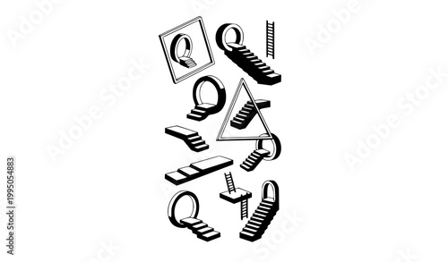 Surreal staircases and ladders with geometric portals black monochrome minimalist vector illustration