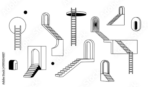 Retro geometric ladders and stairways vector in black monochrome minimalist surreal cosmic portal design