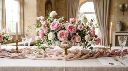 Beautiful pink roses and flowers with elegant draped fabric, romantic floral composition with soft textures and refined decorative styling, realistic detail, no logos