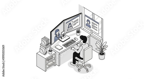 Isometric Illustration of a Professional Working at an Office Desk with Dual Monitors, Conducting Remote Video Interviews or Recruitment Research