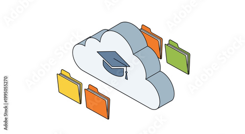 Online Education and E-Learning Concept: Isometric Cloud with Graduation Cap and Data Storage Folders for Digital Learning