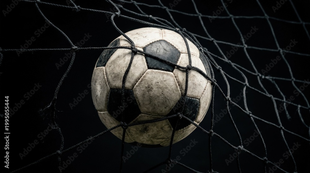 Naklejka premium Soccer ball in goal net on black background, dramatic football scoring concept, high contrast sports close-up, realistic texture, no logos