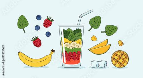 Colorful smoothie with fresh fruits and ingredients surrounding the glass