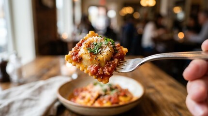 Single ravioli with tomato sauce on a fork, appetizing pasta bite with rich sauce and soft background blur, gourmet Italian food close up, realistic food photography, no logos