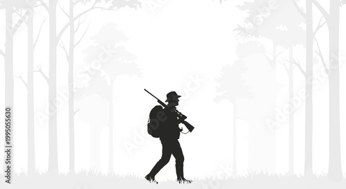 Silhouette of a hunter walking through a dense misty forest landscape
