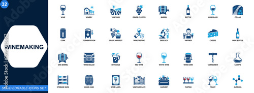 Winemaking icon set. Wine, winery, vineyard, grape harvest, barrel, cellar, bottle, corkscrew, wineglass, fermentation, tasting, enology, sommelier. Editable icons collection. Vector.