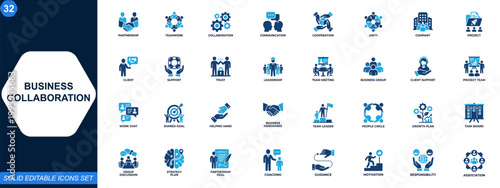 Business collaboration icon set. Partnership, teamwork, communication, company unity, project support, client relations, leadership, trust, cooperation. Editable icons collection. Vector.
