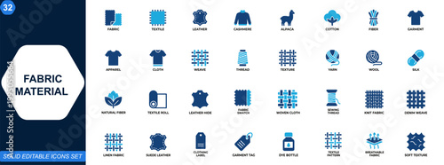 Fabric material icon set. Textile, leather, alpaca, cashmere, cotton, fiber, weave, garment, apparel, cloth, thread, texture, natural, clothing, fashion. Editable icons collection. Vector.