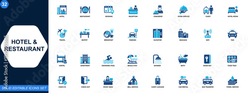 Hotel and restaurant icon set. Hospitality, accommodation, room service, reception, booking, concierge, travel lodging, food service, guest amenities. Editable icons collection. Vector.