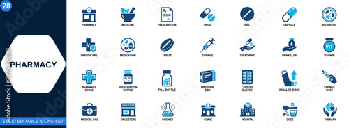 Pharmacy icon set. Medicine, prescription, pill, capsule, antibiotic, inhaler, syringe, healthcare, drugstore, treatment. Editable icons collection. Vector.