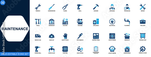 Maintenance and repair icon set. Tools, industrial service, technician, mechanic, construction, engineering, workshop, electrical, plumbing, factory. Editable icons collection. Vector.
