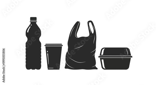 Black and white illustration of disposable food and drink containers