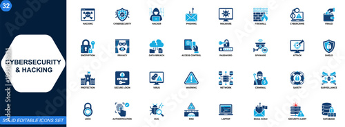 Cybersecurity and hacking icon set. Hacker, phishing, malware, firewall, cybercrime, fraud, encryption, privacy, breach, access control. Editable icons collection. Vector.