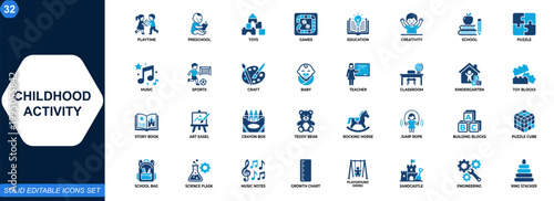 Childhood activity icon set. Kids play, preschool learning, toys, games, creativity, education, school life, music, puzzle, sports, arts and crafts. Editable icons collection. Vector.