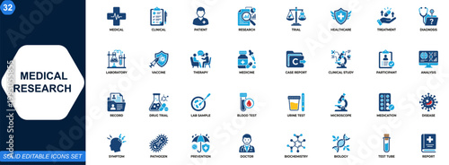 Medical research and clinical trials icon pack. Patient care, clinical study, treatment, case report, laboratory, diagnosis, vaccine, medical analysis, study participants. Editable icons collection.