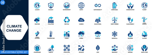Climate change icon set. Ecology, sustainability, renewable energy, environment, global warming, conservation, clean power, carbon footprint, weather, earth. Editable icons collection. Vector.