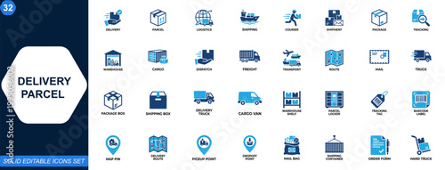 Delivery and parcel icons set. Logistics, shipping, courier, shipment tracking, warehouse operations, cargo transport, dispatch route, freight delivery. Editable icons collection. Vector.