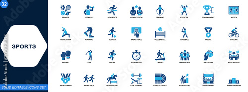 Sports icon set. Competition, fitness, athletics, training, team sports, tournament, match event, ball games, running, medal awards. Editable icons collection. Vector.
