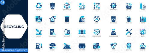 Environmental recycling icon set. Recycling, waste management, renewable energy, sustainability, green technology, compost, plastic disposal, battery recycling. Editable icons collection. Vector.